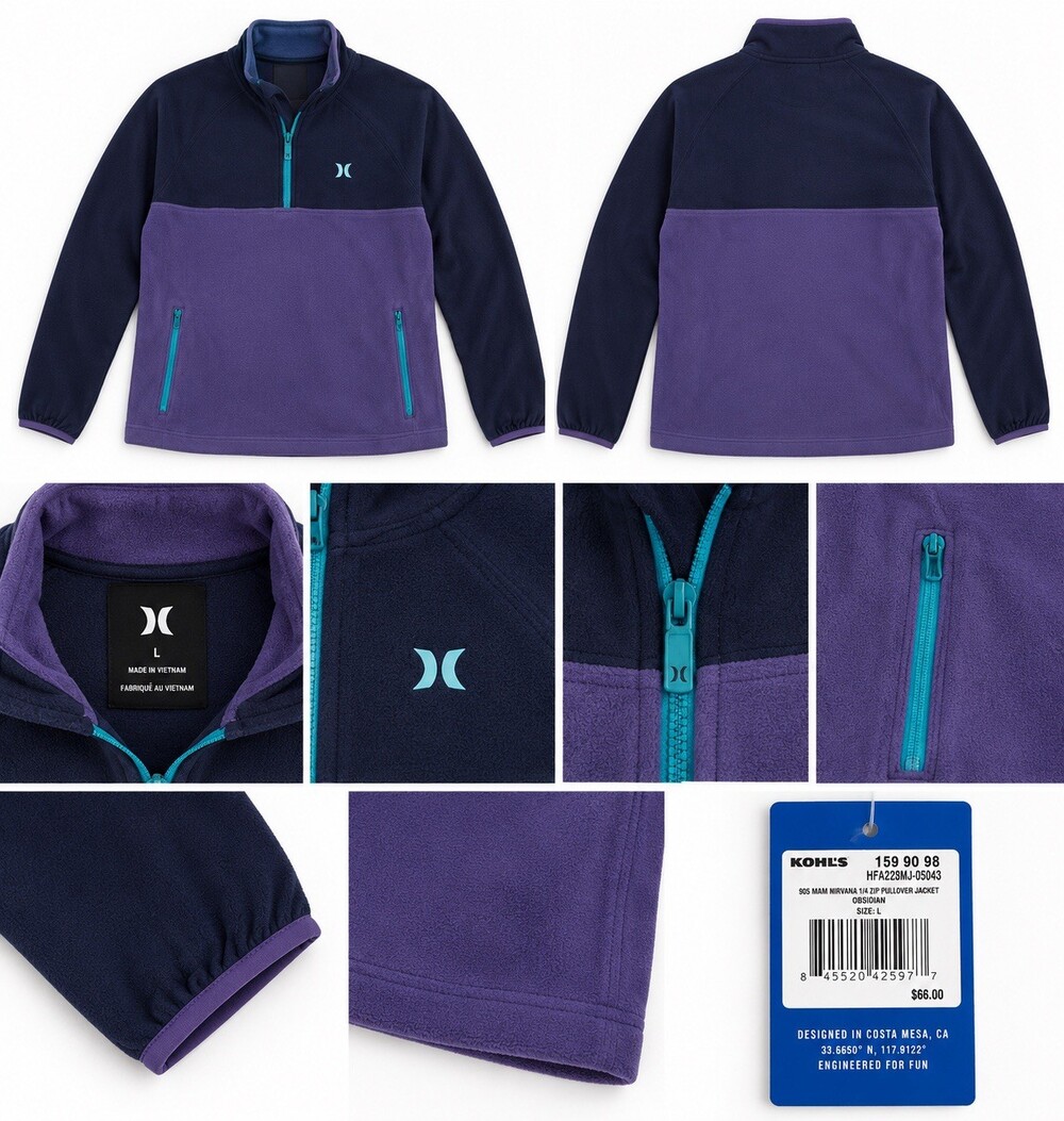 Hurley Jacket Mens L Purple Fleece 1/4 Zip Pullover Outdoor Pockets Warm NEW